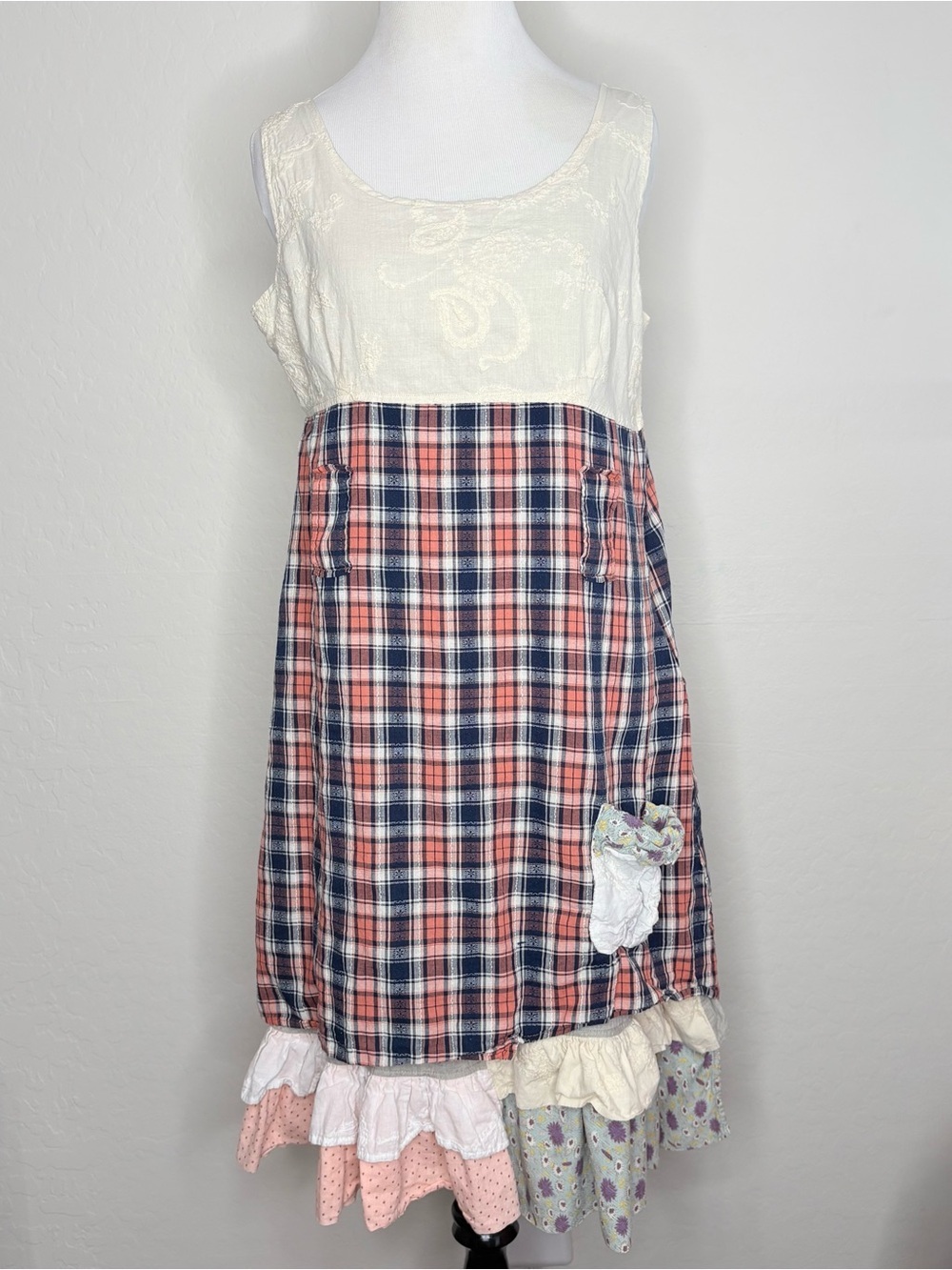 Ian Mosh Patchwork Plaid Cotton Dress 4 Boho Whimsical Cottagecore Sleeveless